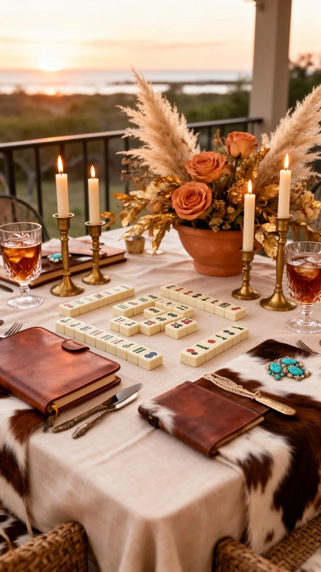 Elegant western-style Mahjongg table setting at sunset with candles, florals, and ivory tiles